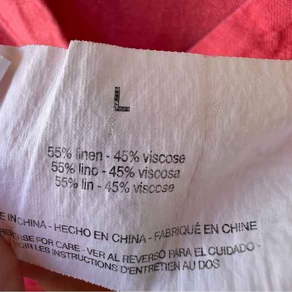 LINEN V-NECK ROLL TAB SLEEVES BUTTON DOWN TUNIC TOP SALMON HIGH LOW SIZE LARGE - Picture 4 of 6